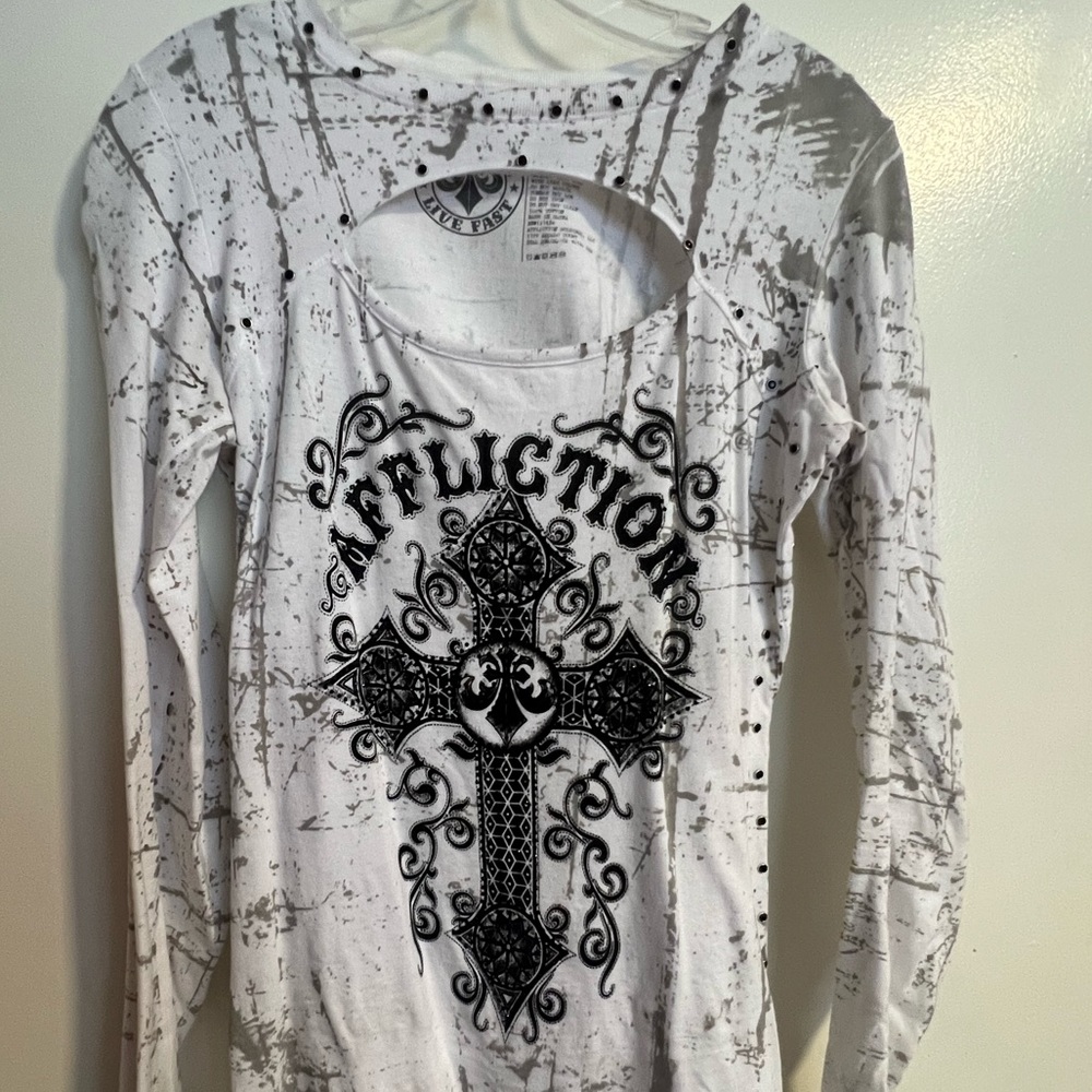 Affliction Long Sleeve CutOut Embellished Gothic Cross FleurdeLis Print RARE Y2K